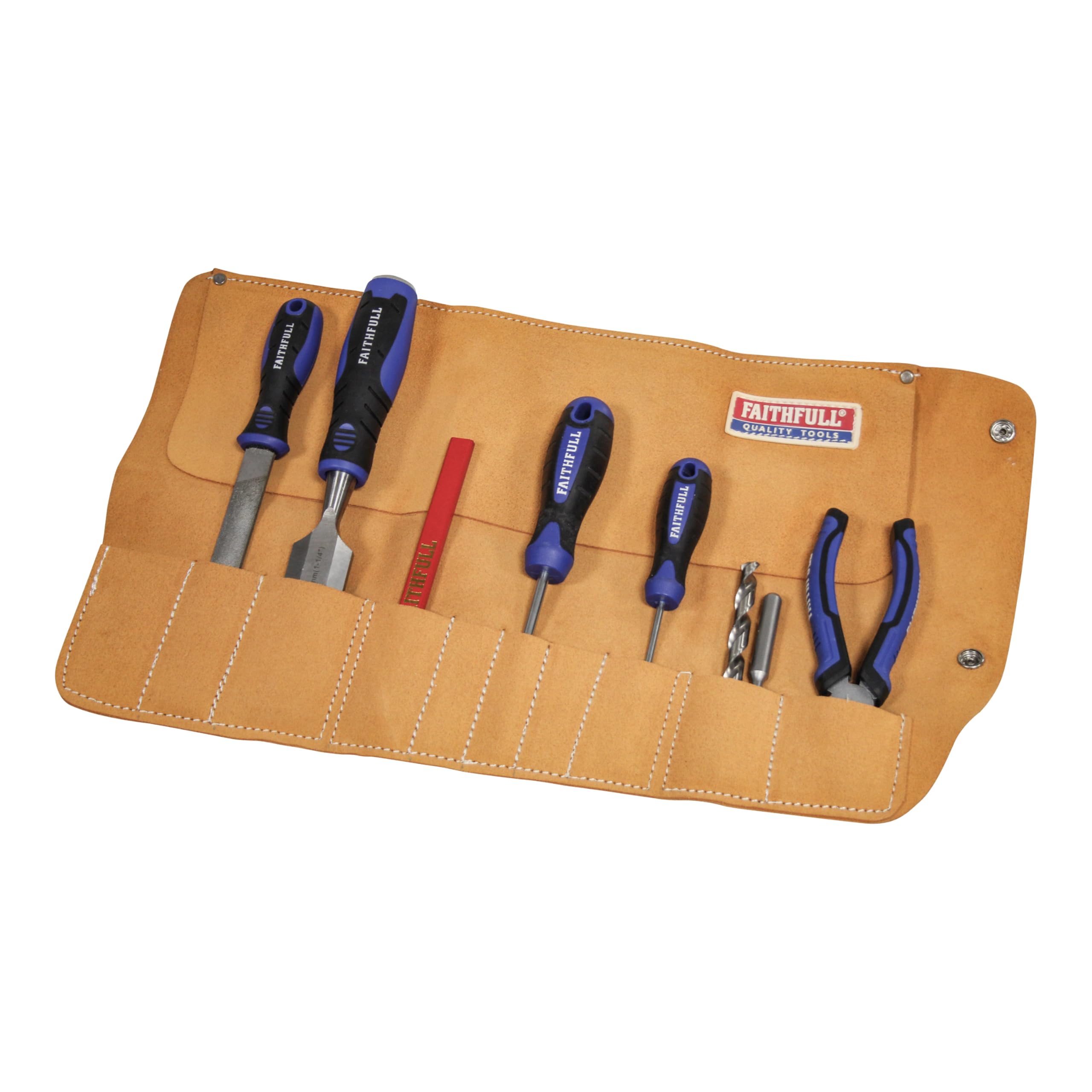 Faithfull Suede Leather Tool Roll – 10 Pocket, Hand Tool Organiser with Press Stud Fastening for Carpenters, Woodworkers, Mechanics & DIY – 48 x 27cm – Tan