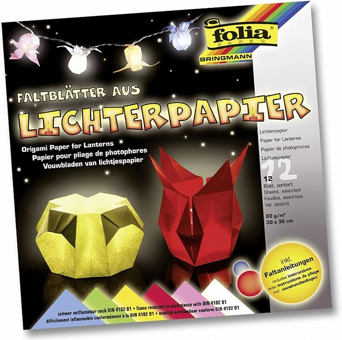 Folia 42309 Faltblatter Aus Lichterpapier Farbig Sortiert Ca 30 X 30 Cm 12 Blatt Schwer Entflammbares Papier Inklusive Faltanleitungen Amazon De Alle Produkte