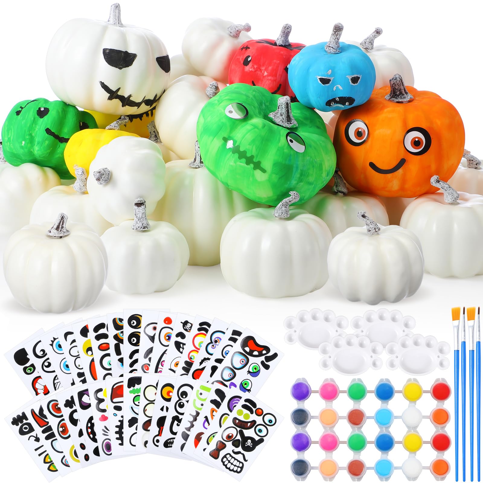 Photo 1 of Hollowfly 60 Sets DIY Fall Pumpkin Painting Kits Halloween Crafts for Kids Bulk White Foam Pumpkins to Paint Craft with Sticker for Classroom Thanksgiving Halloween Party Activities Art Party Gifts