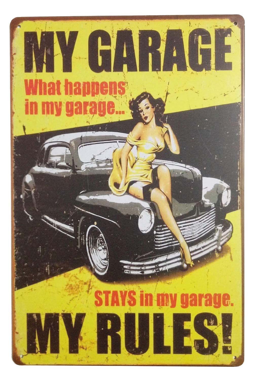 Hioni Metal Tin Sign My Garage My Rules What Happens Pin-up Girl Vintage Plaque Wall Decor