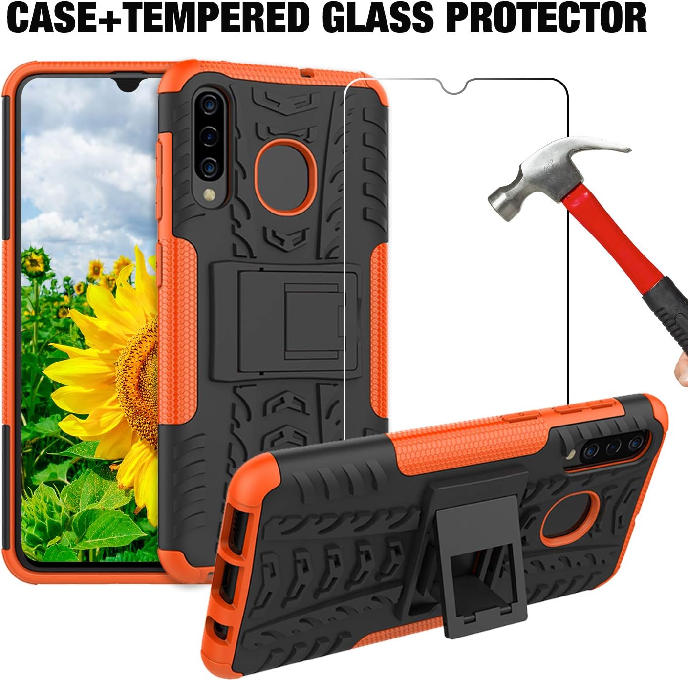 A50 Case,A50S Case,Heavy Duty Protective Cases for Samsung Galaxy A50 A50S A30 A30S A20 Protection Bumper (Tempered Glass + Orange Case)