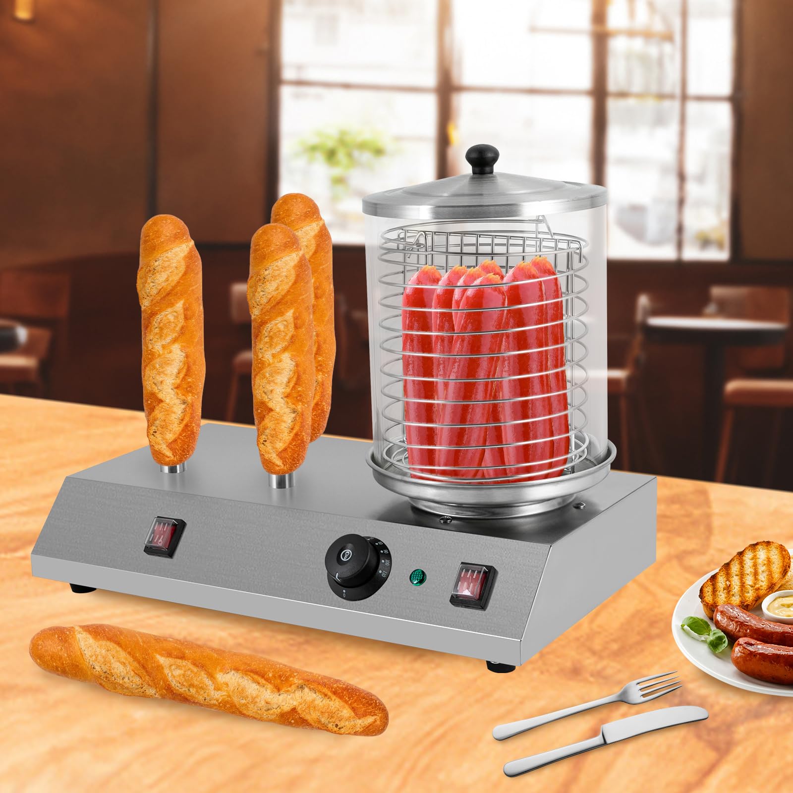 Hot Dog Steamer with Lid Stainless Steel Dog Steamer And 3 Bun Warmer Adjustable Temperature 86-230℉,Hotdog Machine with Bun Warmer for Hot Dogs, Sausages, Breads&Baguettes