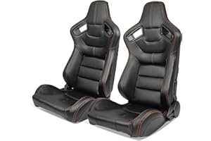 IKON MOTORSPORTS, Universal Racing Seats with 14" Dual Sliders, Black PU & Carbon Leather Back W/Orange Stitching Reclinable Sport Bucket Seats for Cars, 1 Pair Driver + Passenger Side 2PC