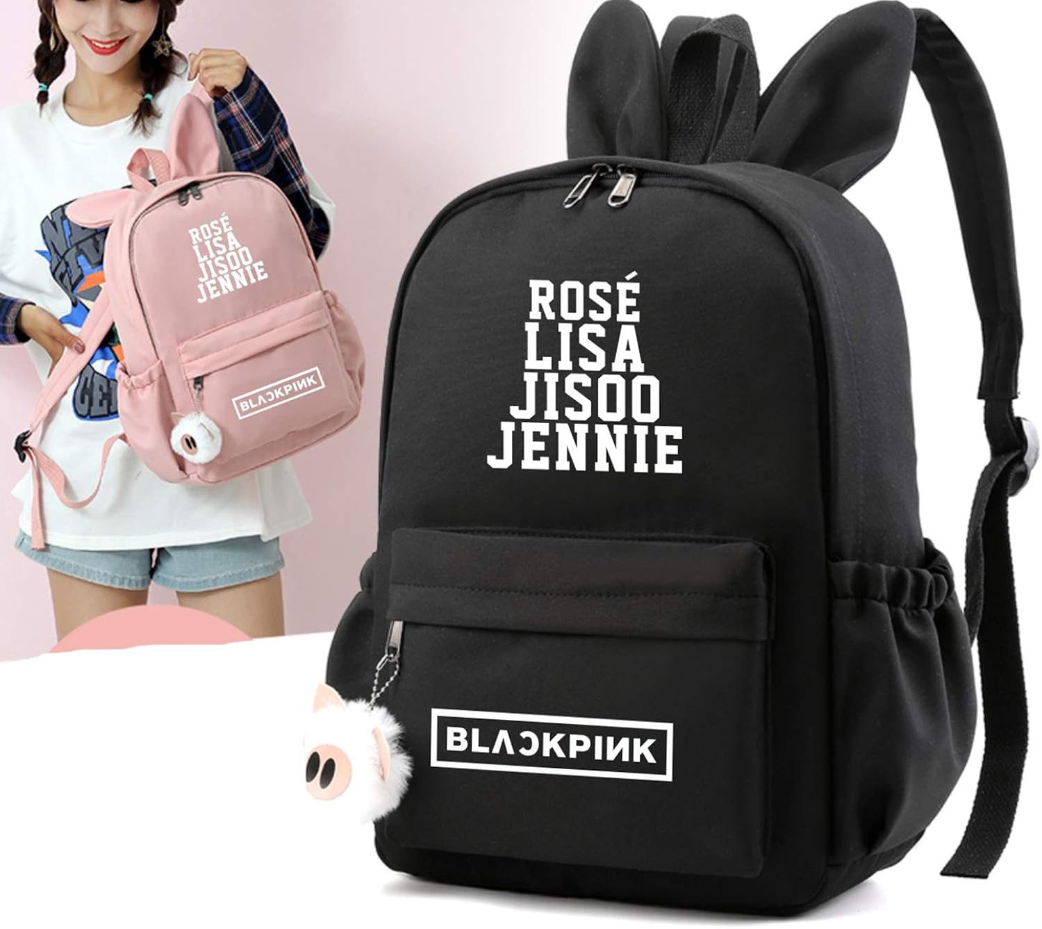 gray and black pink backpack