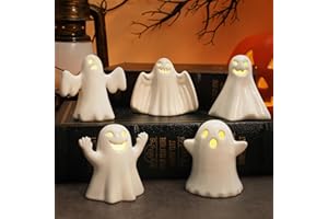 RGQSUN 5PCS Ceramic Ghosts with Light,Halloween Light up Ghost Decor,Ghost Figurines White Spooky Sculptures for Halloween Parties,Room Decor,Gifts