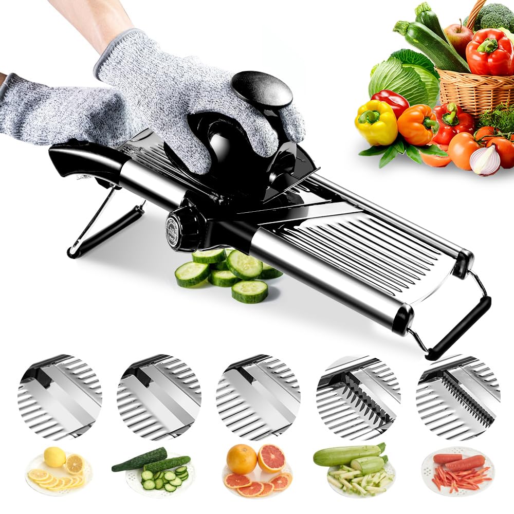 Photo 1 of Mandoline Food Slicer, Adjustable Mandoline Slicer for Kitchen, Stainless Steel Mandolin Vegetable Chopper for Potato/Tomato/Onion, Vegetable Slicer Julienne Cutter with Cut-Resistant Gloves