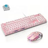 Basaltech Mechanical Gaming Keyboard and Mouse Combo, Pink | Retro Steampunk Vintage Typewriter-Style, LED Backlit, 104-Key Anti-Ghosting Blue Switch, Wired USB Metal Panel Round Keycaps