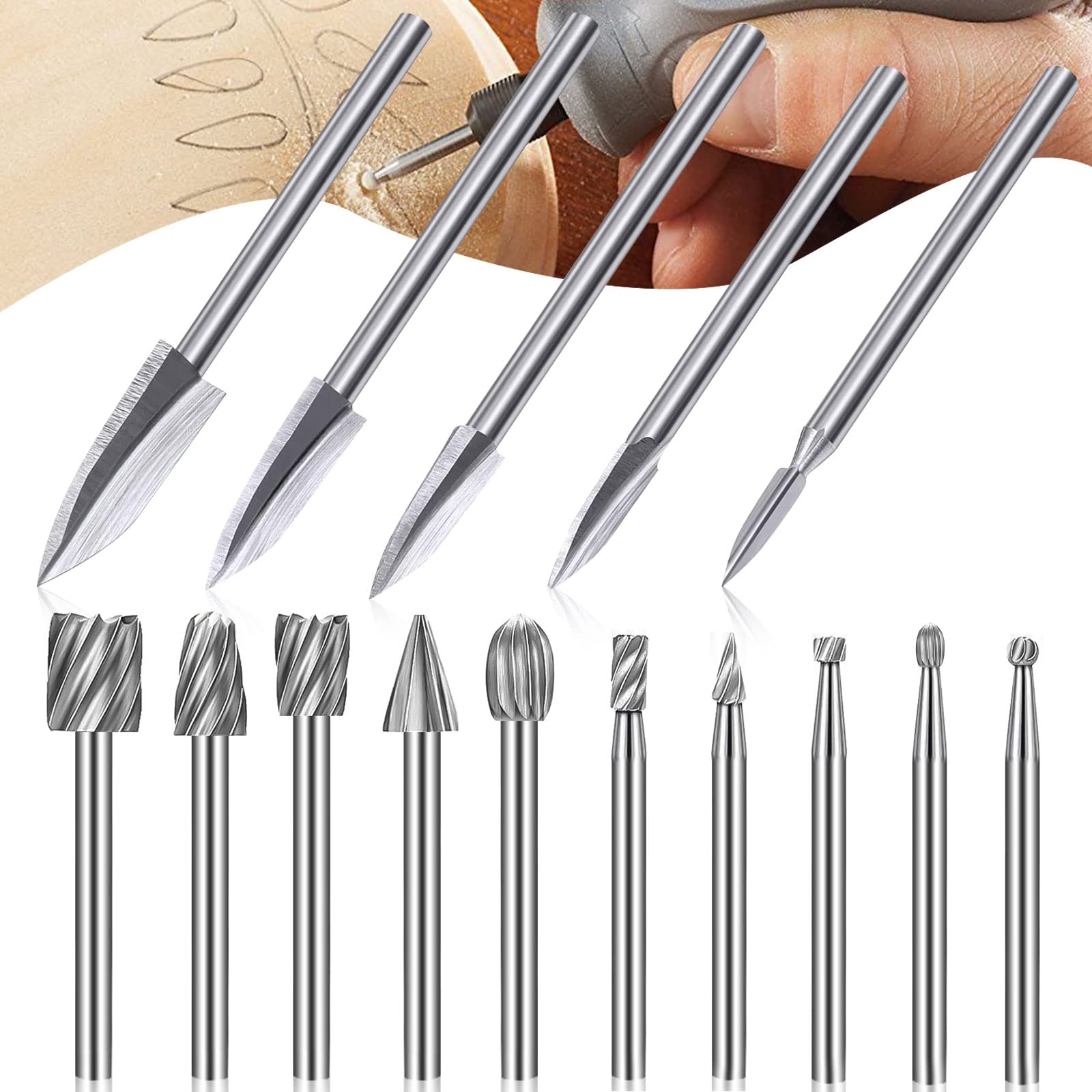 Linkstyle Wood Carving Drill Bits Set for Rotary Tool, 10PCS Rotary Burr Set and 5PCS Wood Carving Bits with 1/8” Shank for DIY Woodworking Engraving Drilling Grinding