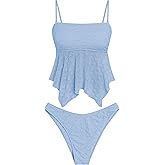 ZAFUL Tankini Swimsuits for Women Flowy Swimwear Mesh Lace Jacquard Two Piece Bathing Suit High Cut Tanga Tankini Set