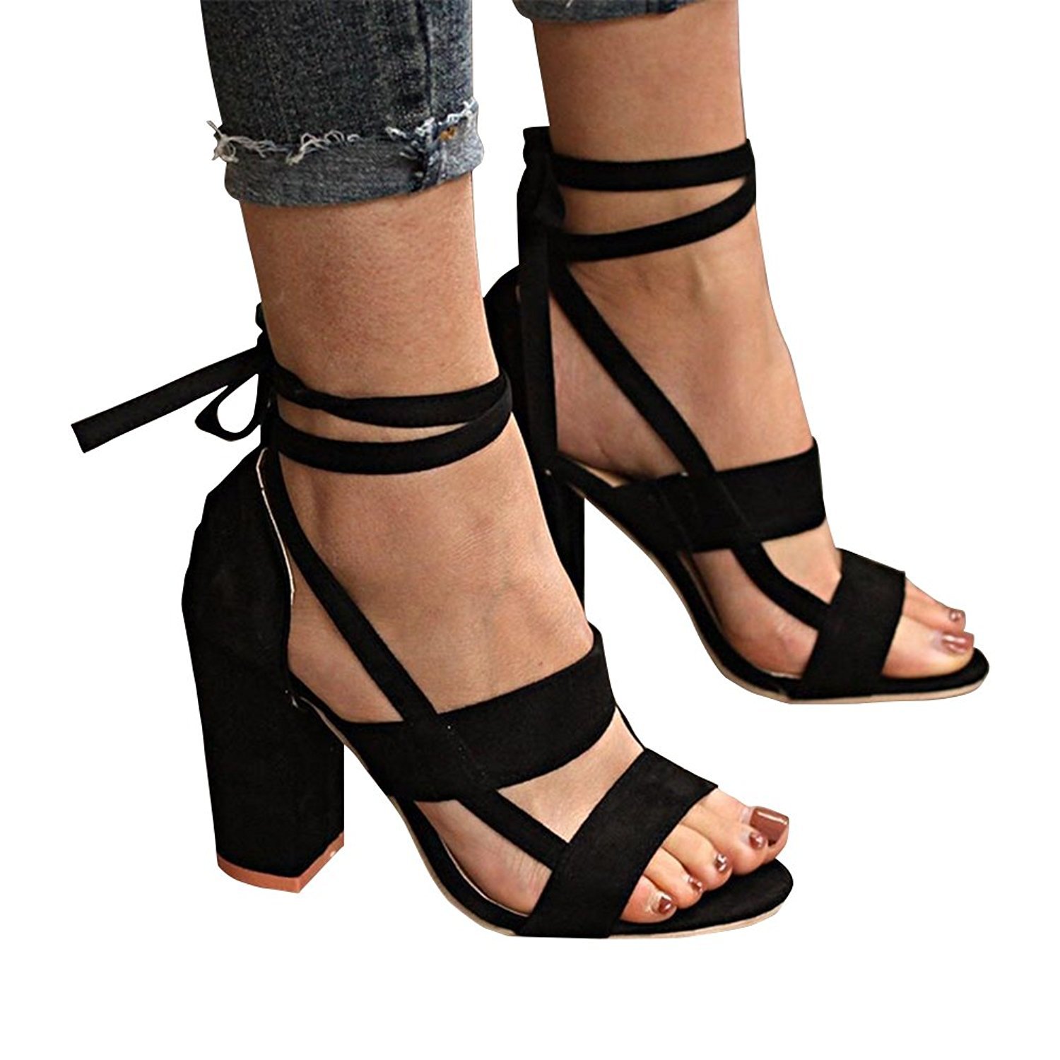 FIRENGOLI Women\'s Suede Ankle Strap High Heel Open Toe Sandal Pump Chunky Block Heel Platform Shoe Black