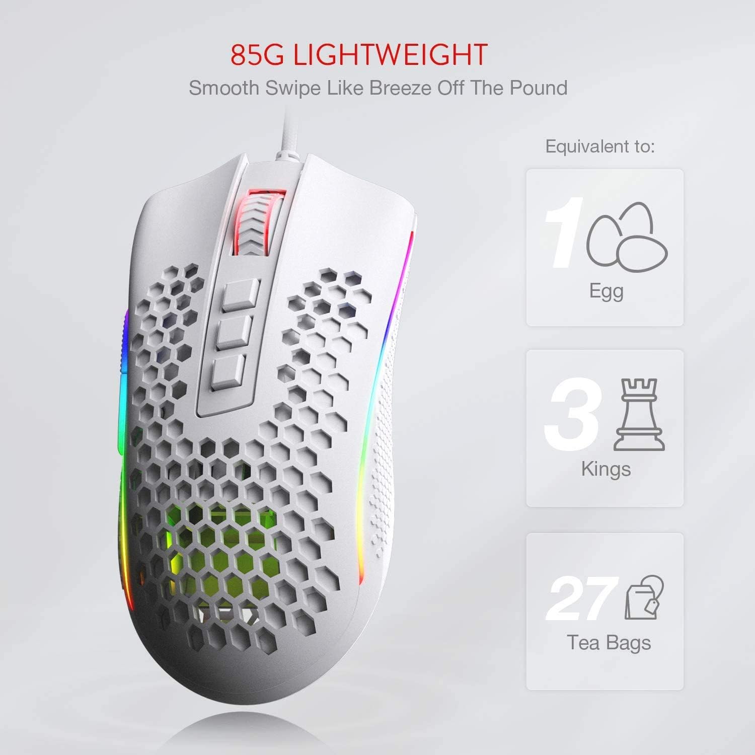 Redragon M808 Storm Ultralight Wired Gaming Mouse, 85g Lightweight Honeycomb Shell, Adjustable DPI Up to 12,400 - Image 5