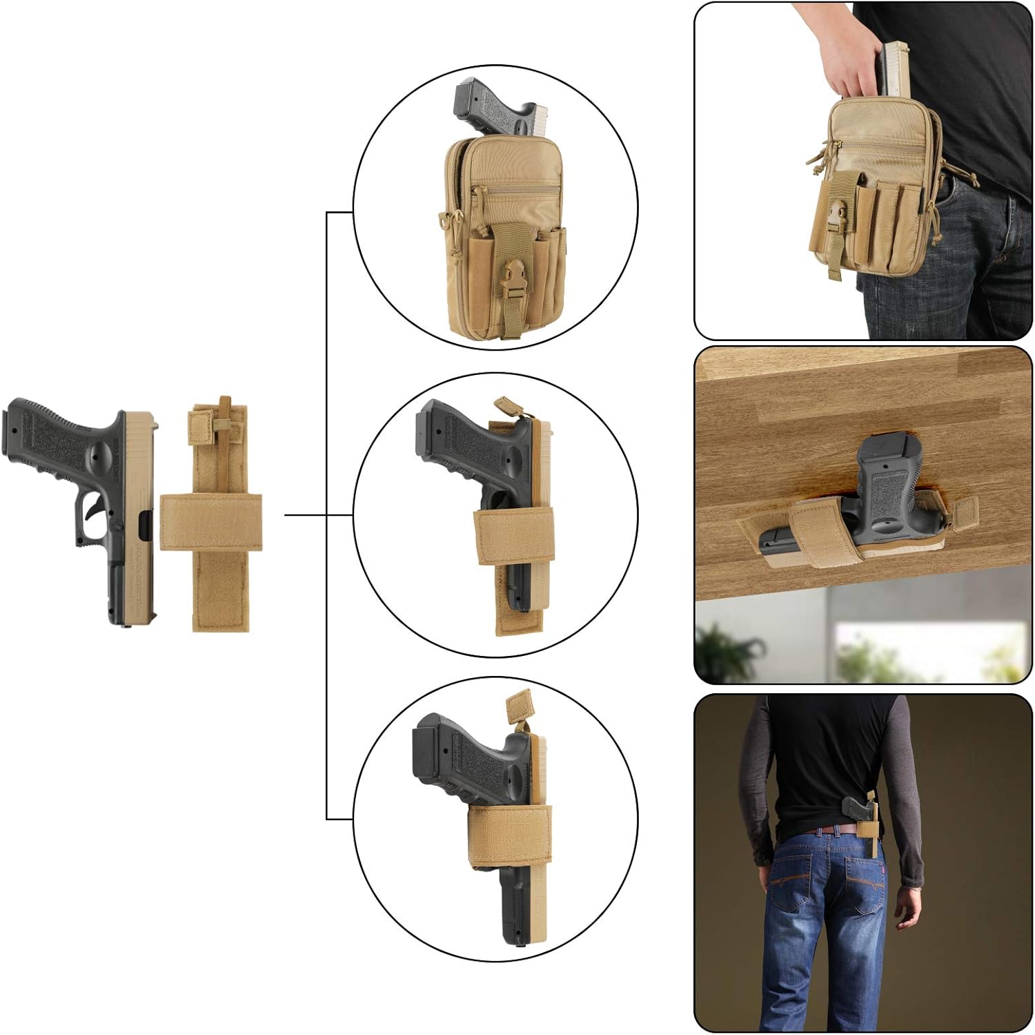 Concealed Pistol Pouch Multipurpose Carry Gun Bag - LarKoo Waist Molle Bag Fanny Pack with Pistol Holster in 9 inch Length and Phone Belt Clip Holder for Less Than 7 inches Smartphone (Khaki)… : Sports & Outdoors