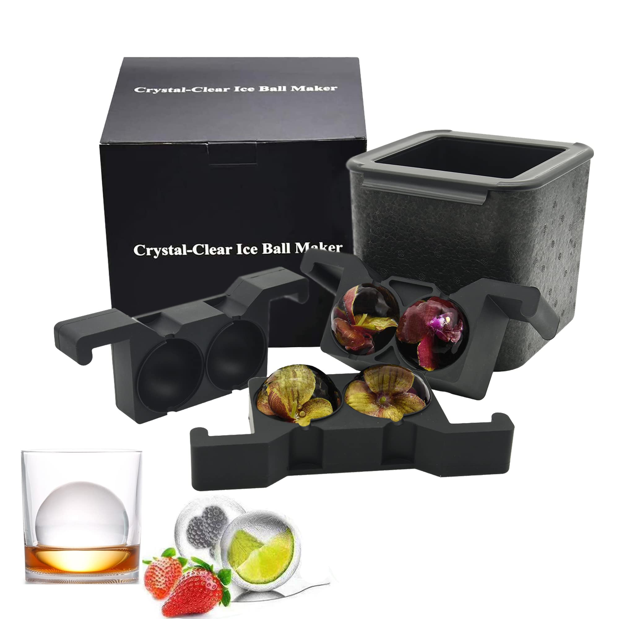 Crystal Clear Ice Ball Maker, Silicone Ice Cube Moulds, Easy Release Wiskey Ice Ball Maker Bubble-Free with 4 x 2.36in Ice Spheres for the Home Bartender (4BALL)