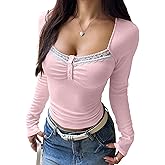 KIGRAD Women Y2k Square Neck Lace Trim Henley Blouse Shirts Fitted Button Pointelle Long Sleeve Crop Tops Fall Outfits