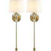 SAFAVIEH Lighting Collection Athene Brass/Clear Vertical Wall Sconce Set of 2 Light Fixture, with White Shade Ideal for Bathr