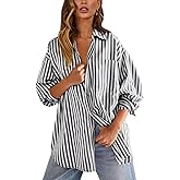 Womens Button Down Shirts Striped Classic Long Sleeve Collared Office Work Blouses Tops with Pocket