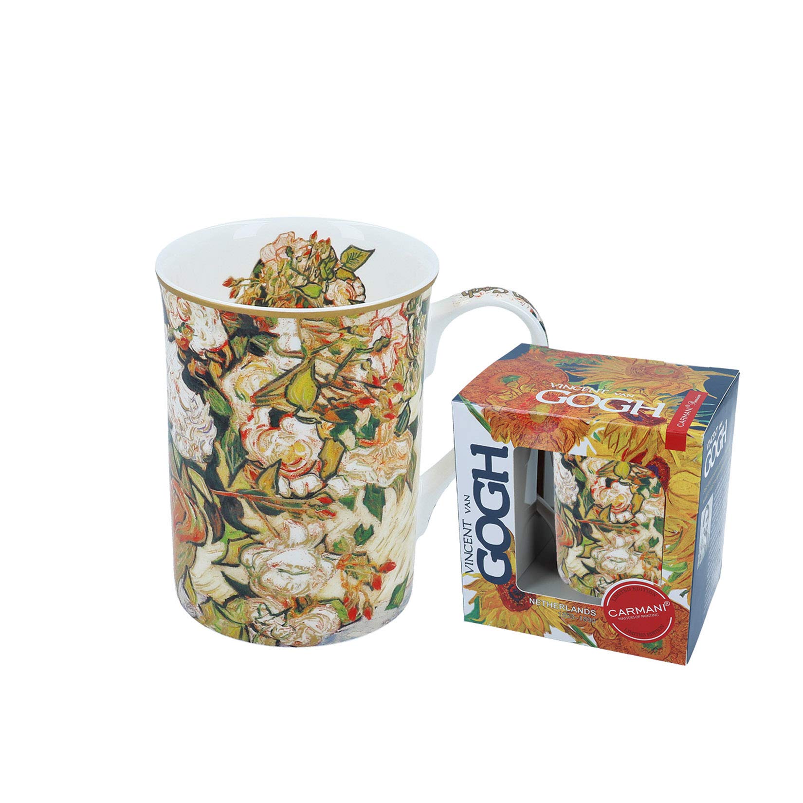 CARMANI - Classic Mug Decorated with Vincent Van Gogh ' Pink Roses in a Vase' 350ml
