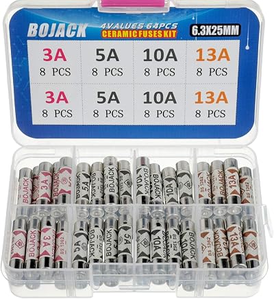 BOJACK Ceramic Tube Fuses 64pcs BS1362 3A 5A 10A 13A 240V 6.3x25mm Box