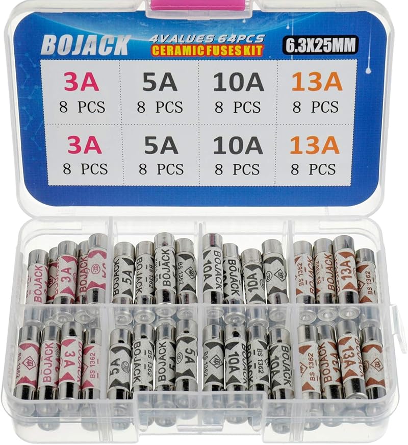 BOJACK Ceramic Tube Fuses 64pcs BS1362 3A 5A 10A 13A 240V 6.3x25mm Box