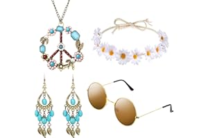 Hicarer Hippie Costume Accessories Include Sunglasses, Peace Sign Necklace, Boho Headband and Earring for 60s 70s Party