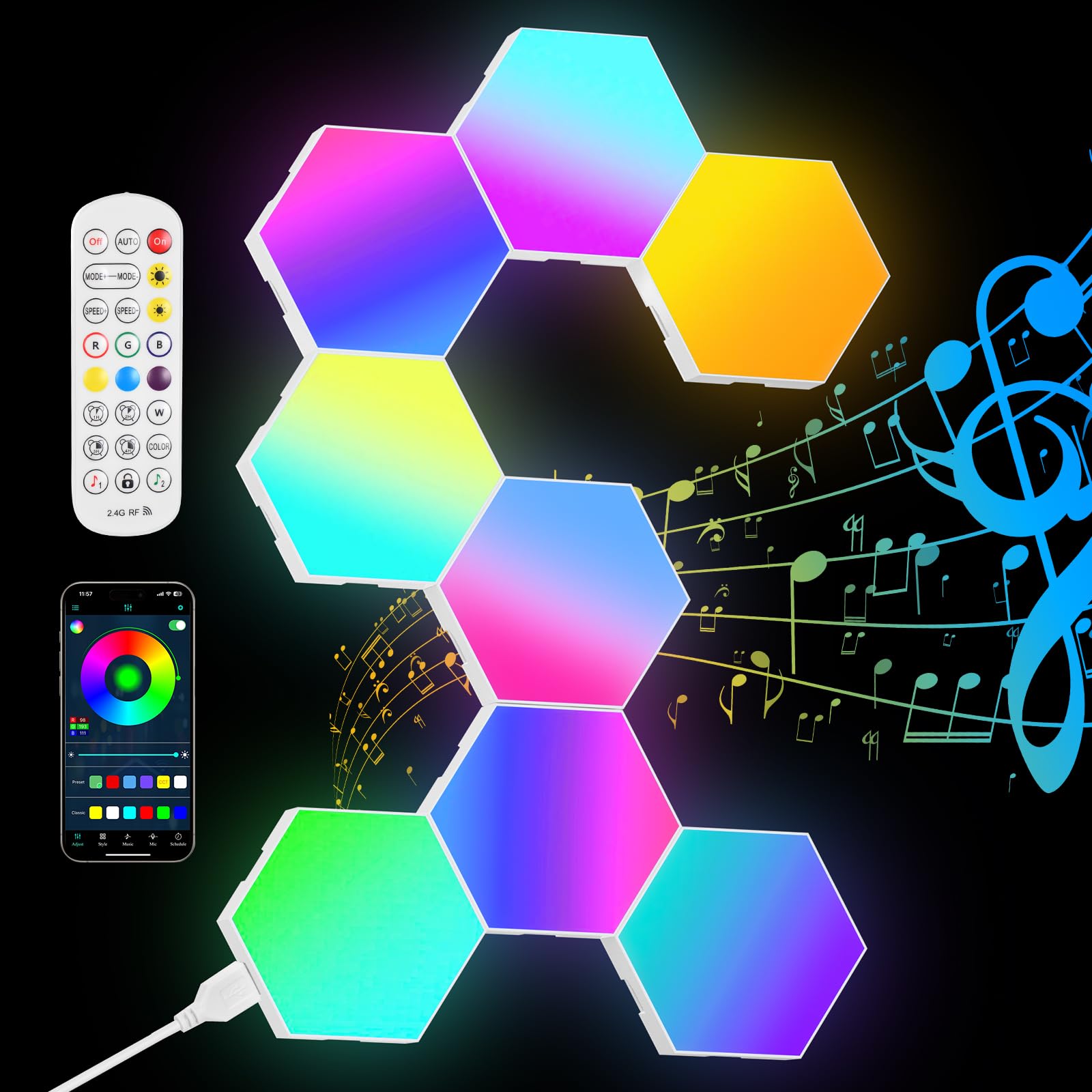URAQT Hexagon LED Lights, 8 Pack RGB Smart Hex Wall Lights with APP & Remote, Cool Music Sync Gaming Wall Lights Gift for Home Decor, Bedroom, Kids, Adults