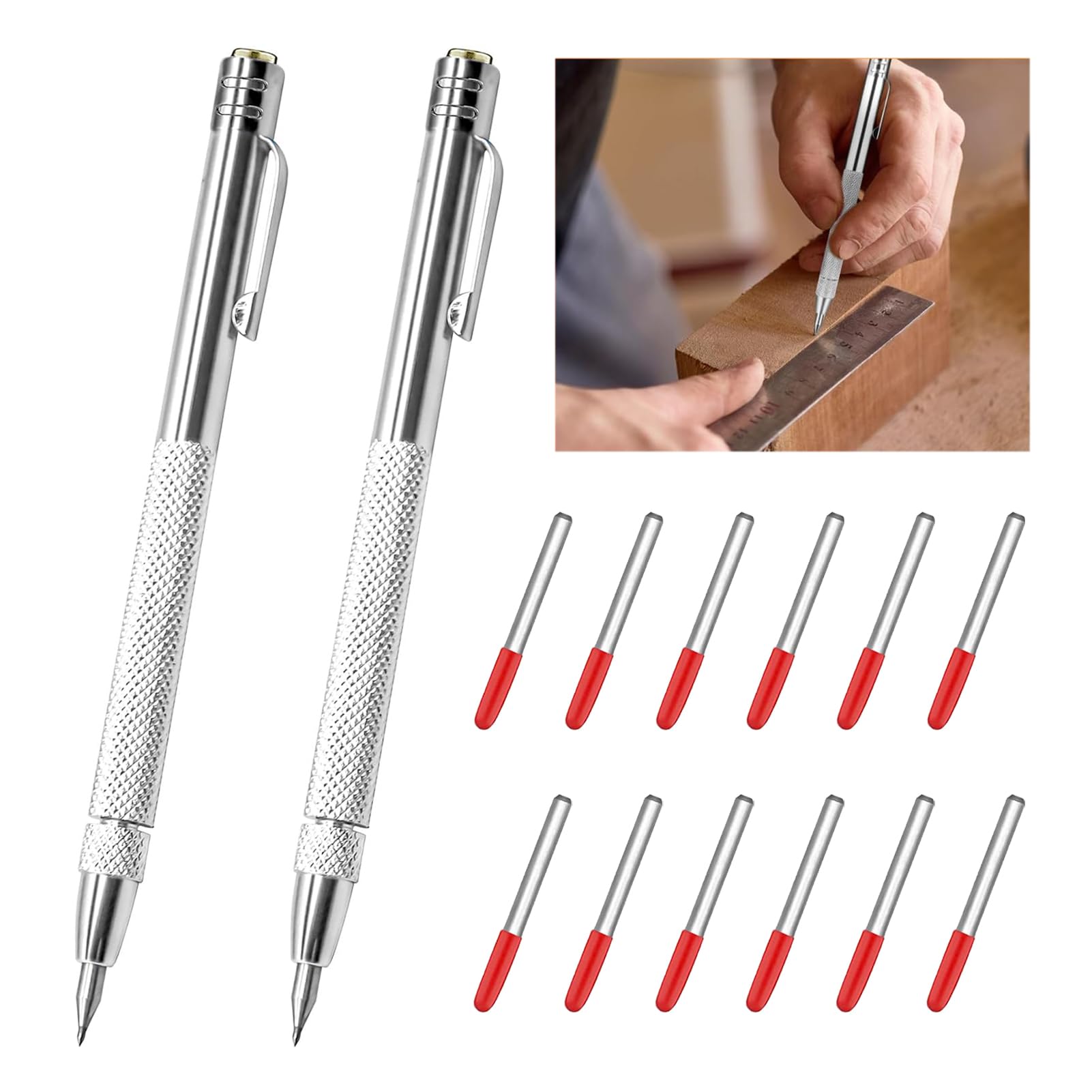 2 Pcs Tungsten Carbide Tip Scriber, Scribe Tool Etching Set Magnetic with 12 Replacement Marking Tip Red Hat for Glass Metal Wood Ceramics Durable Precision Engraving Pen with Non-Slip Aluminum Handle