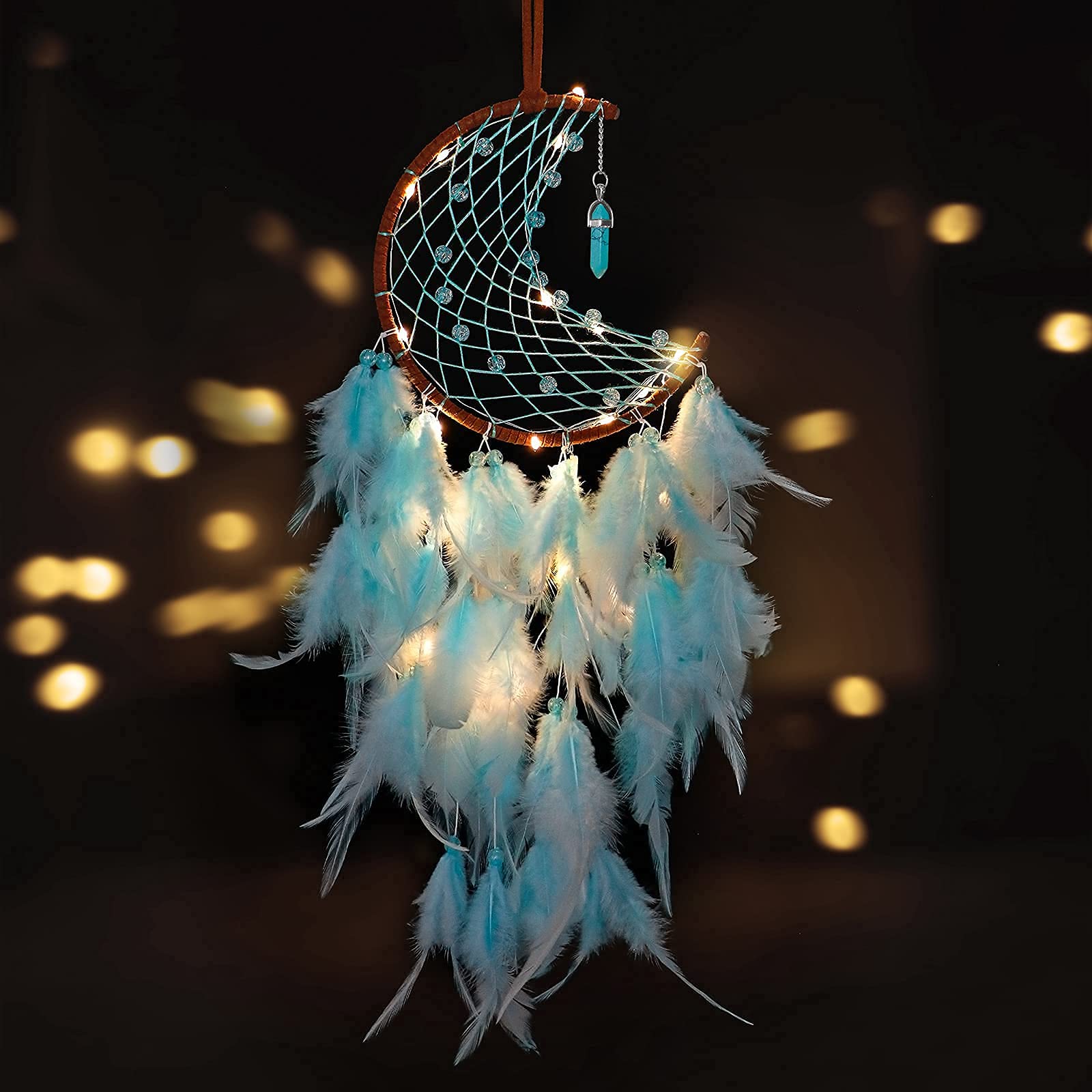 Dremisland Moon Dream Catcher with LED Fairy Lights Handmade Indian Dreamcatcher Kids Bedroom Accessories Green Feather Lucky Turquoise Pendant Wall Hanging Decoration for Home Bedroom