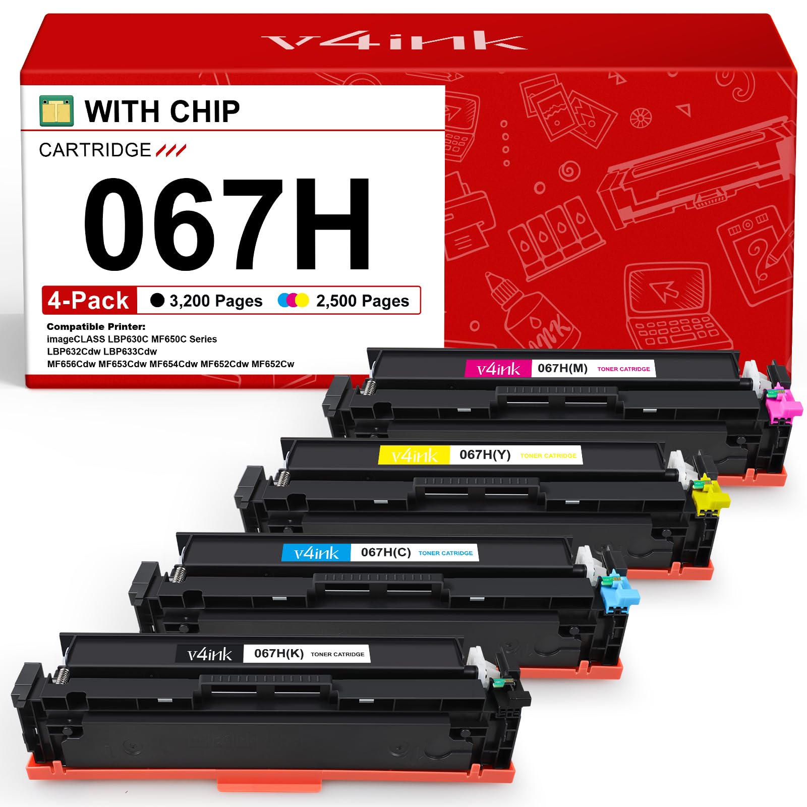 Photo 1 of 067H 067 Toner Cartridge High Capacity Compatible Replacement for Canon 067H Works for Canon Color imageCLASS MF656Cdw MF654Cdw MF653Cdw LBP633Cdw LBP632Cdw LBP630 MF650 Printer 4-Pack