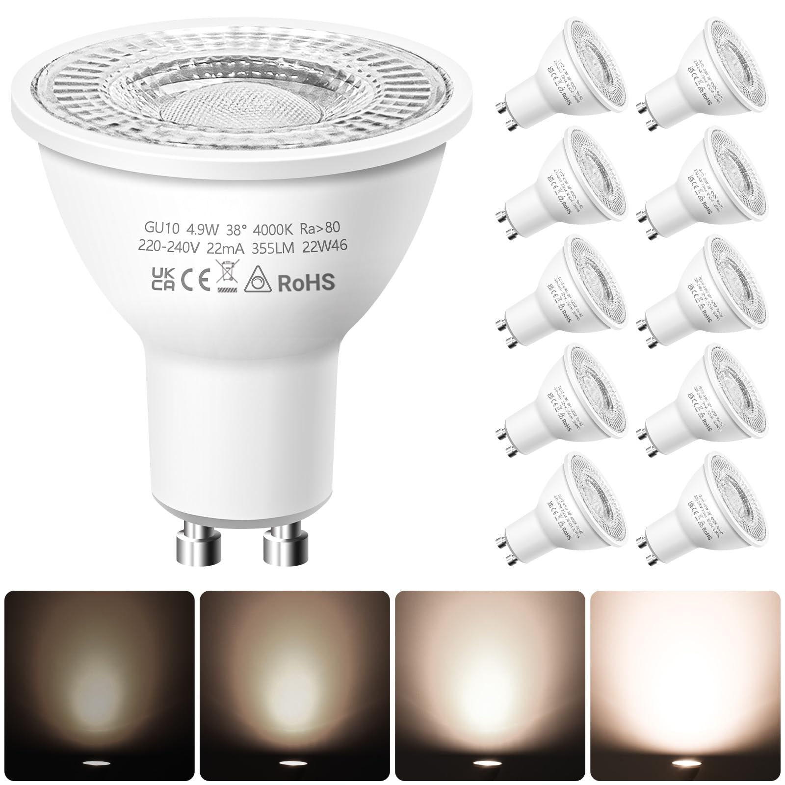 Nottac GU10 LED Spotlight Bulbs, Dimmable Natural White 4000K 4.9W Energy Saving Light Bulbs, (Equivalent to 50W) Halogen Spotlight Bulbs, LED Bulbs for Ceiling, Pack of 10
