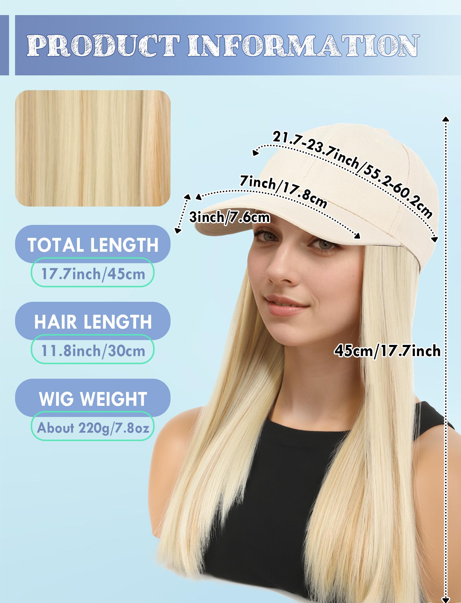 Condition photo showing New/Like New for adigau women baseball hat wig girls hairstyle caps attached adjusted long straight hats for daily us