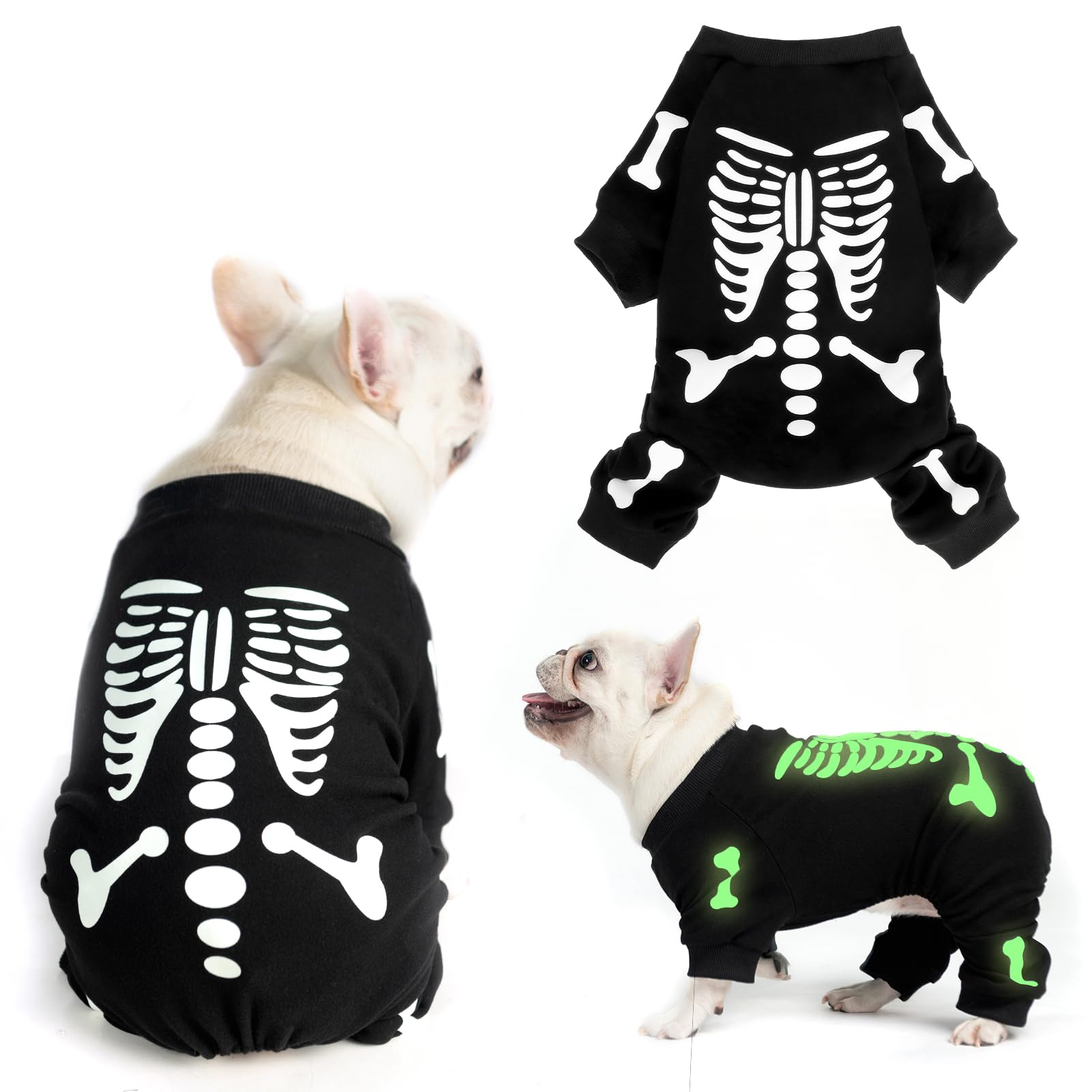 Photo 1 of EXPAWLORER Halloween Dog Pajamas, Glow-in-The-Dark Skeleton Holiday Pet Costume, Warm, Soft & Stretchy Winter Clothes Sweater Jumpsuits with Sleeves for Small Medium Large Boys Girls Dogs Cats M
