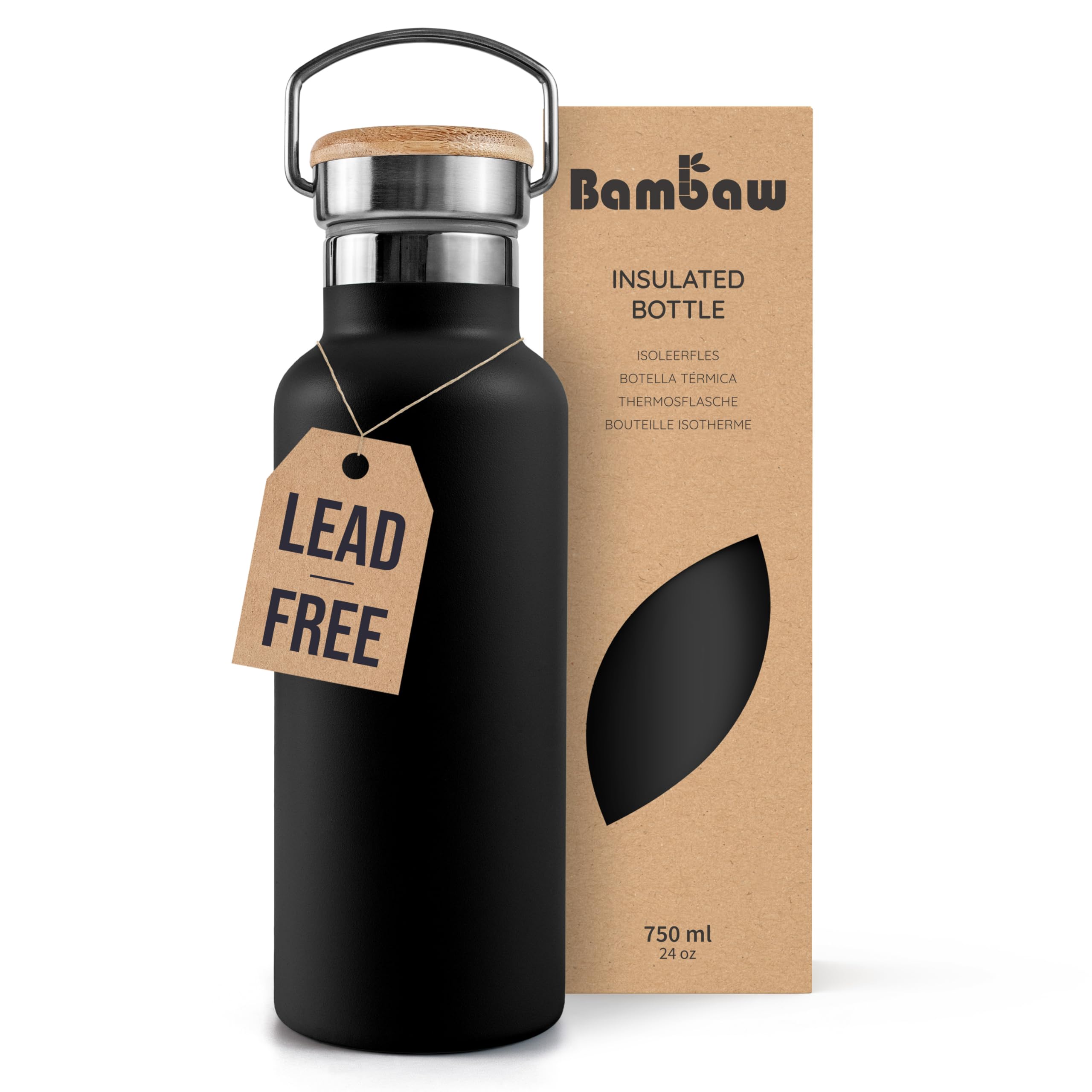 Bambaw Stainless Steel Water Bottle 750ml, Metal Insulated Water Bottle 750ml, Double-Walled, Leak-Proof & Durable, Sleek & Lightweight, Easy to Carry with Handle (Jet Black)