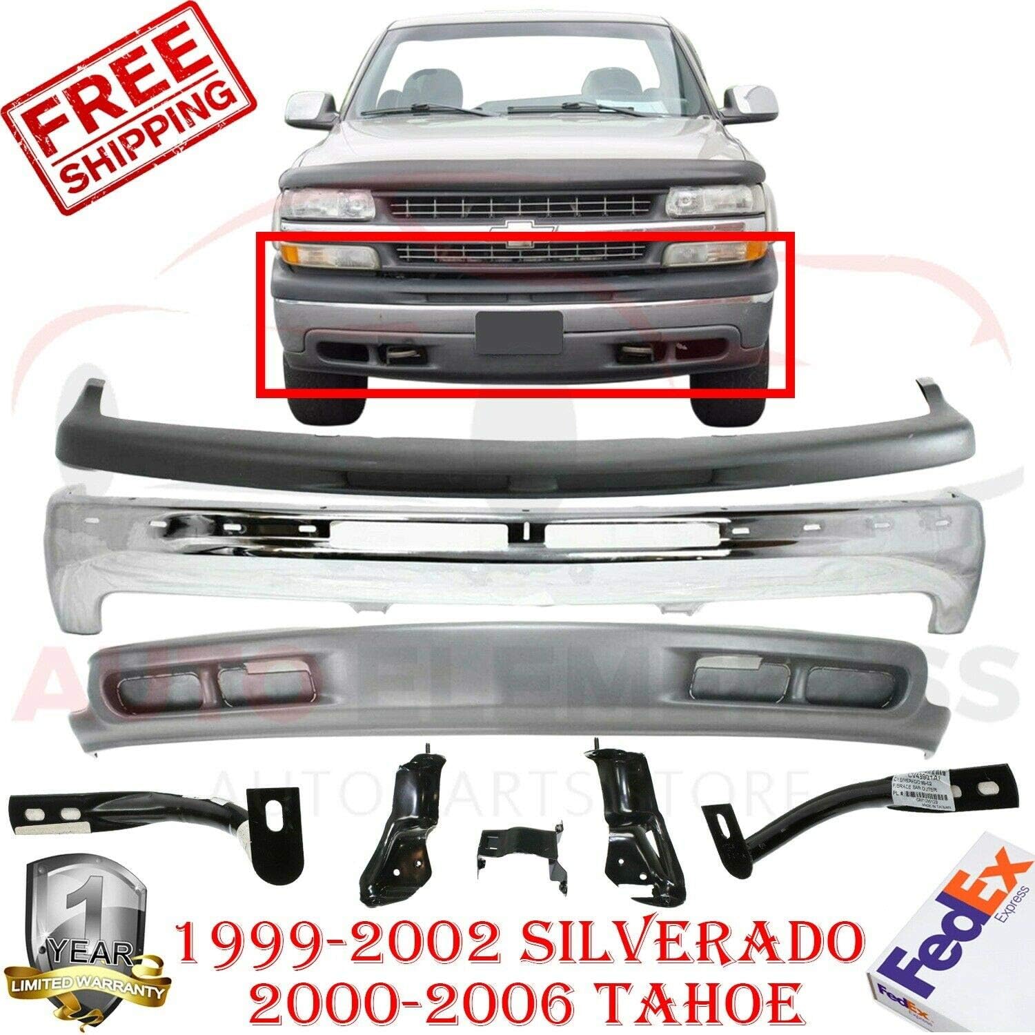 New Front Bumper Chrome Steel + Brackets + Upper & Lower Covers For 1999-2002 Chevrolet Silverado 1500/2000-2006 Tahoe Suburban Direct Replacement