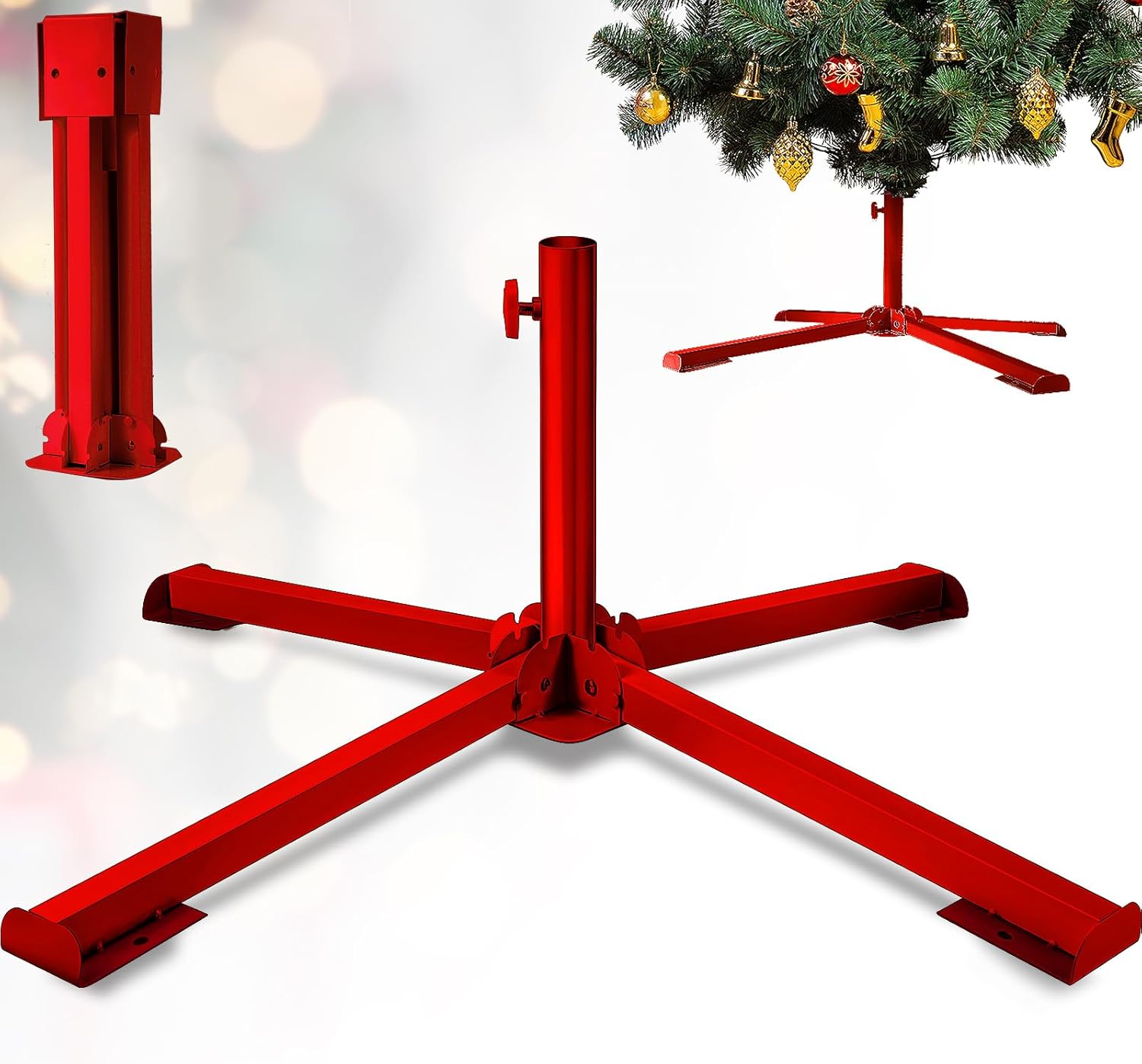 Tree Stands - Christmas Tree Stand 34 Inch Heavy Duty Artificial Christmas Tree Base for Fake Trees Beach Umbrella Base Bracket Adjustable Folding Stand for Outdoor Patio 1.4 Inch in Diameter (Red)