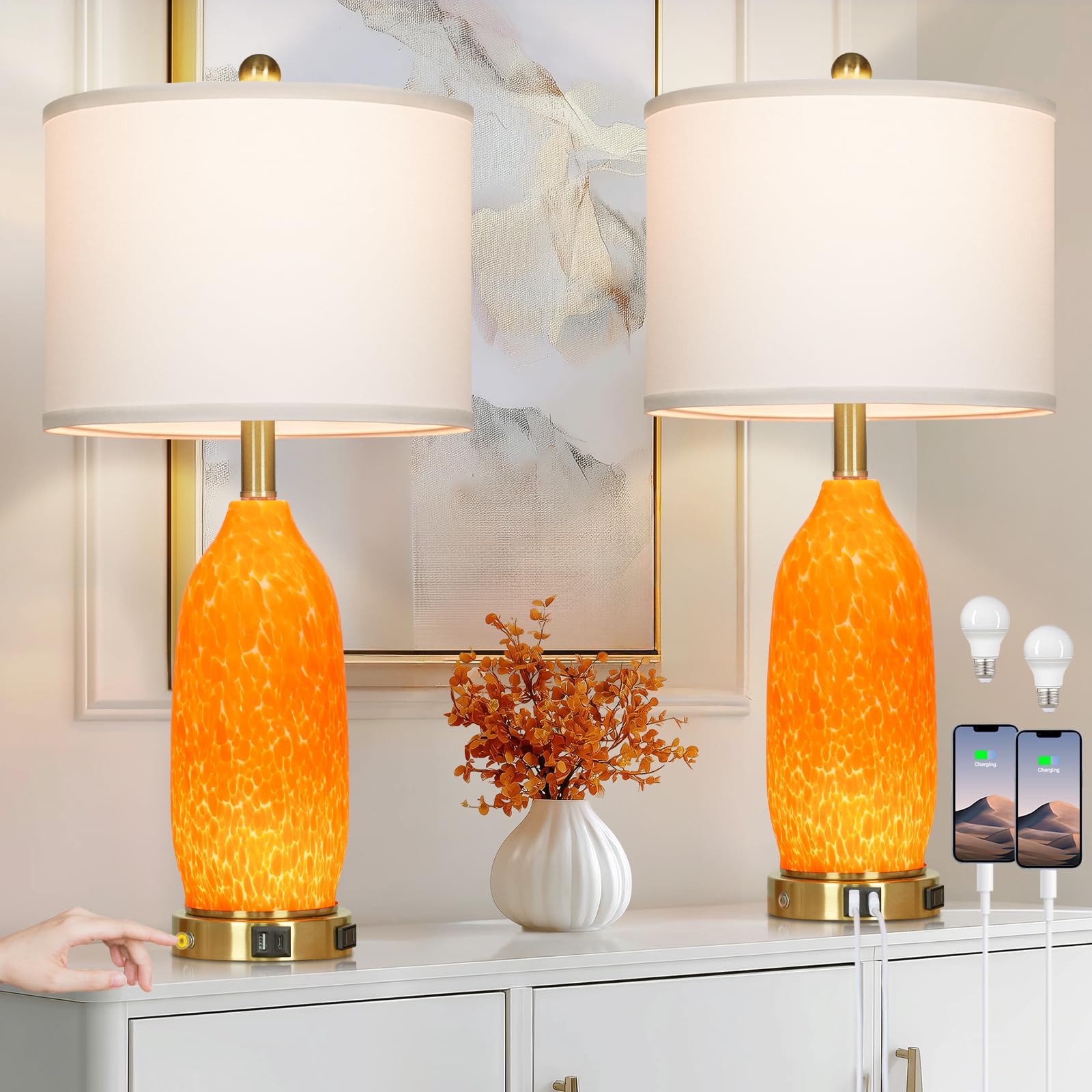 Photo 1 of Rinweey 26" Modern Orange Glass Table Lamp Set of 2,Bedside Lamps with USB A+C Ports & AC Outlet, Nightstand Lamp with 3-Way Dimmable Touch Control Night Light for Bedroom Living Room(Bulbs Included)