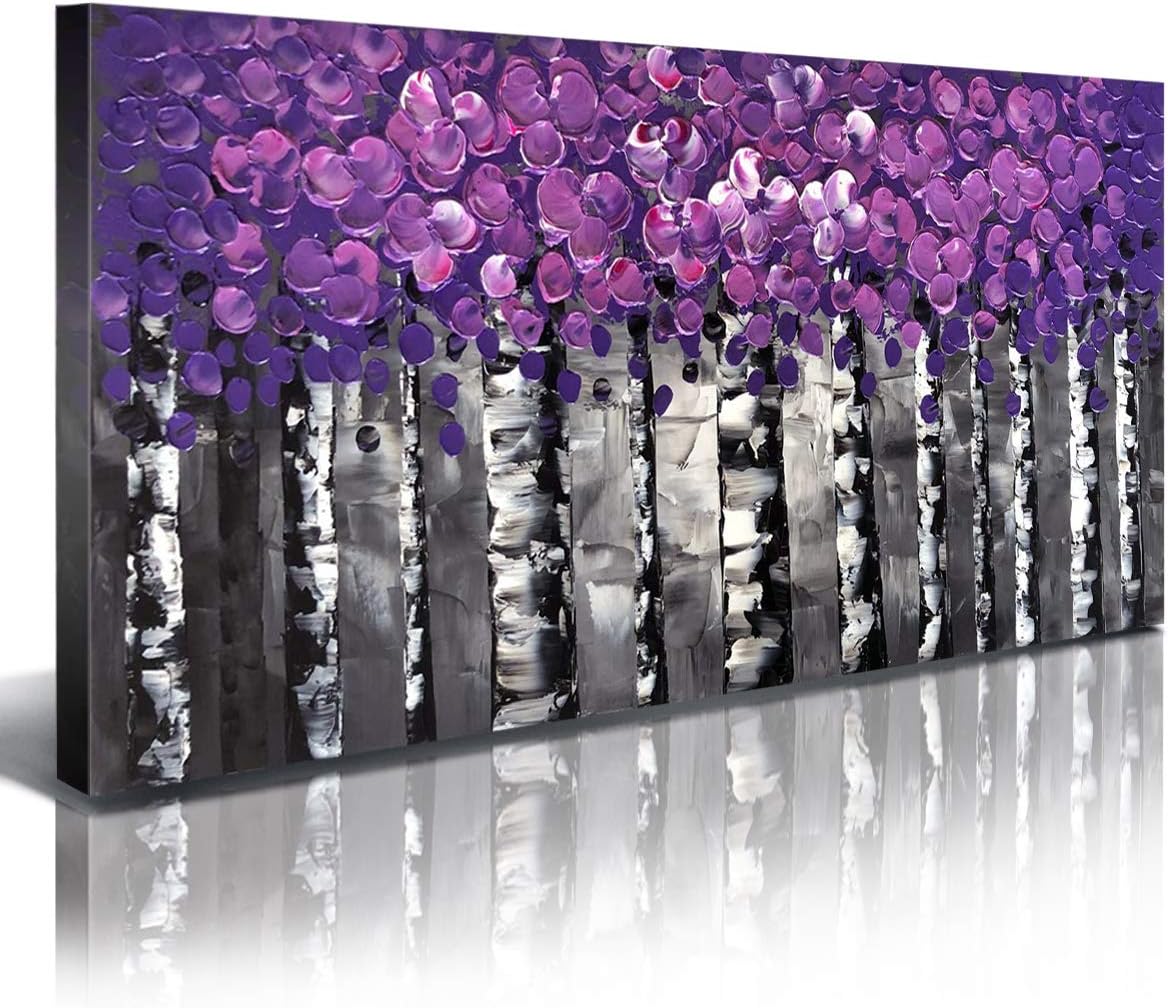 100% Hand Painted Purple Pink Leaves Forest Birch Trees Home Wall Decor Art Oil Paintings Wood Framed Contemporary Abstract Canvas Palette Knife Artwork Landscape 3D Hand-Painted Ready to Hang Gifts