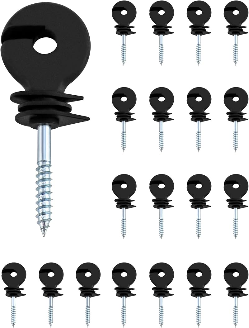 QWORK 20Pcs Electric Fencing Ring Insulators Steel Plastic Screw-In Wood Post