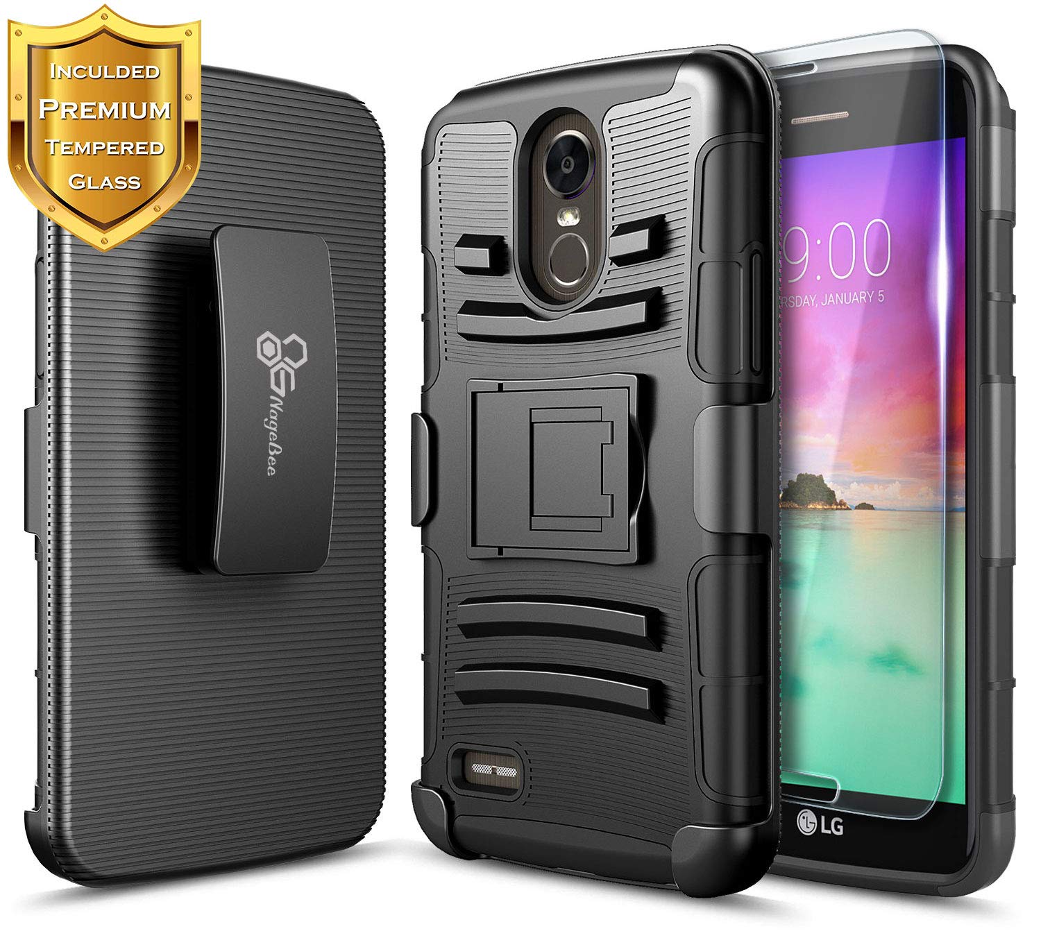 LG Stylo 3 Case (LS777), LG Stylo 3 Plus/LG Stylus 3 Belt Clip Holster Case with Tempered Glass Screen Protector, NageBee Defender Heavy Duty Shockproof Kickstand Combo Rugged Durable Case -Black