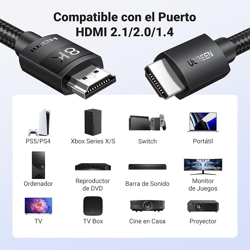Ugreen cabo hdmi 2.1 8k cabo hdmi 10k ultra high speed ​​​​48gbps 8k 60hz 4k 120hz uhd earc hdr dynamic dolby vision 3d hdcp 2.3 compatível com ps5 ps4 pro xbox one x pc monitor hdtv, 2m