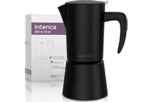 bonVIVO Intenca Stovetop Espresso Maker - Luxurious, Stainless Steel Italian Coffee Maker for Camping or Home Use - Makes 6 Cups of Full-Bodied Coffee - Black, 10oz