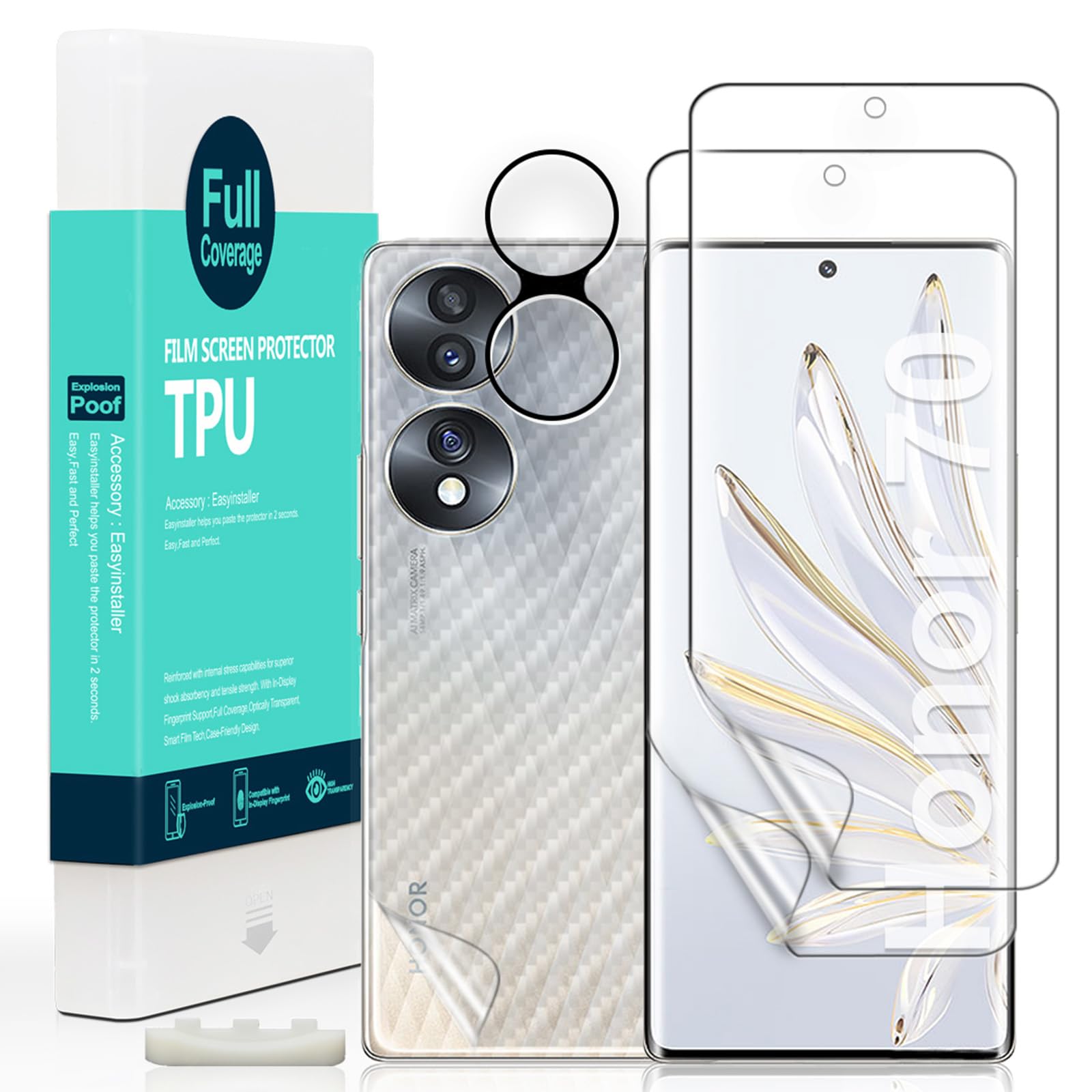 Ibywind Screen Protector For Honor 70 5G 6.67",with 2Pcs Flexible TPU Film,1Pc Camera Lens Protector,1Pc Backing Carbon Fiber Film [Fingerprint Reader,Easy to install]