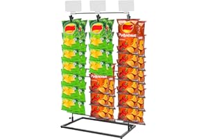 Ngdiluxury Chip Rack Display Stand, 3-Row 48 Clips Chip Bag Holder Snack Cotton Candy Display Rack Stand Sweet Potato Chip Clip Rack Countertop for Party Table Concession Retail with 3 Labels
