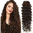 Hetto Deep Wavy Clip in Hair Extensions Curly Hair Extensions Clip in Brown Water Wavy Human Hair Extensions 135g 22 Inch 7 pcs #4 Dark Brown