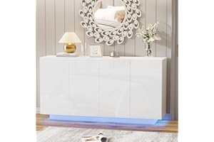 Anbuy White Buffet Cabinet with Lights 57.87'' Sideboard with Storage Coffee Bar with Charging Station Kitchen LED Buffet Cabinet with Doors for Bedroom, Living Room (White)
