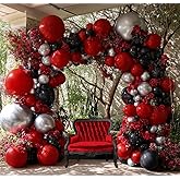 Red Black Balloon Arch, Double Stuffed Dark Ruby Red Black Silver Balloon Garland Kit Burgundy Maroon Balloons for Birthday Wedding Valentines Day Baby Shower Engagement Graduation Party Decor