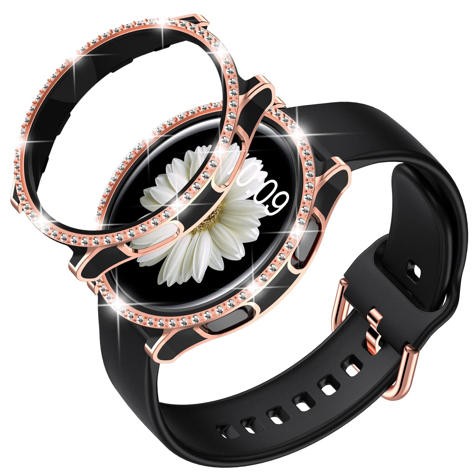 DABAOZA Compatible for Samsung Galaxy Watch 4 5 Band 44mm with Glitter Bumper Case, Women Black Silicone Soft Comfortable Adjustable Strap with Buckle (Blackrosegold, 44)