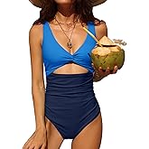 Charmo Womens One Piece Swimsuit Ruched Tummy Control High Cut Backless V Neck Bathing Suits Swimwear