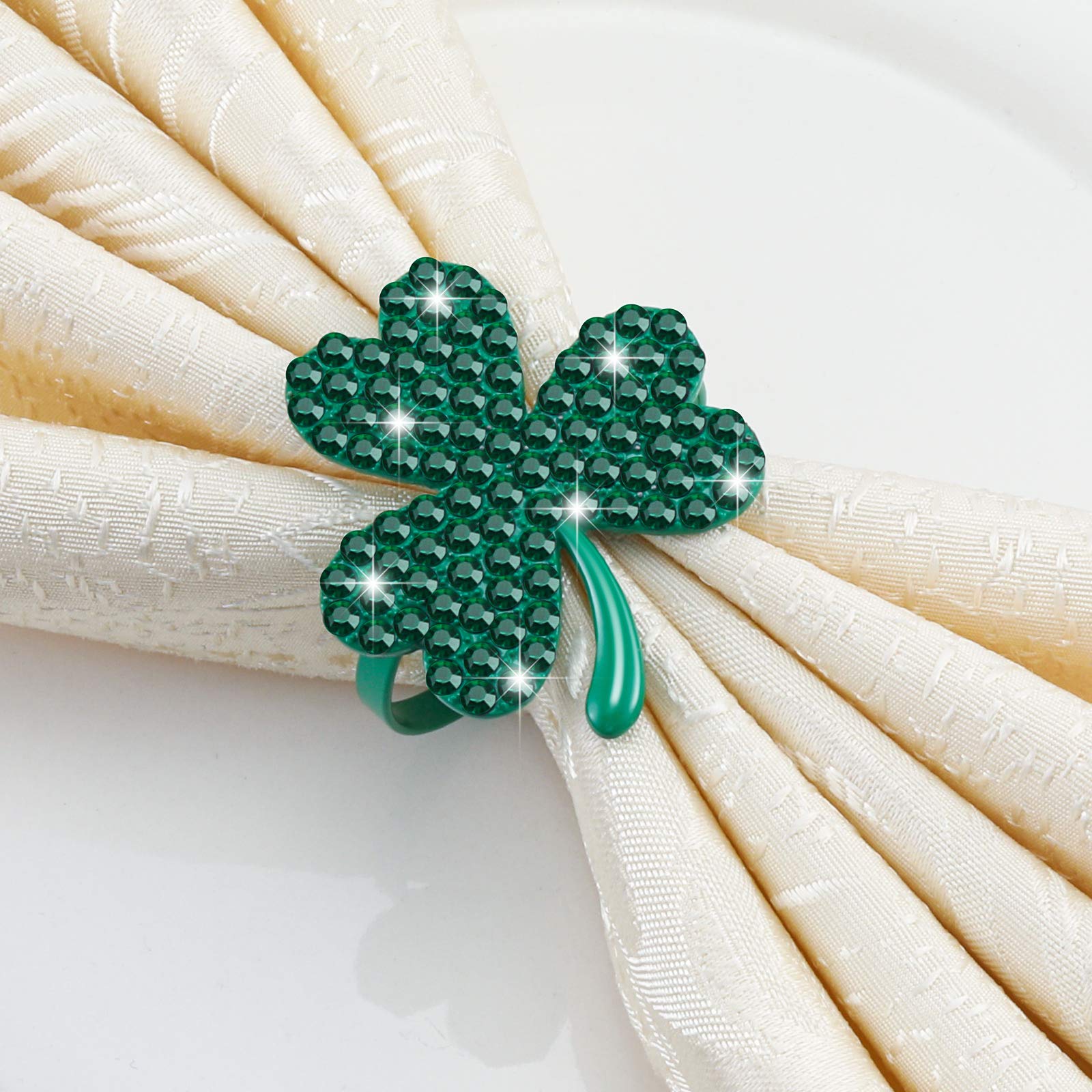 View 1 of 12 Pieces Clover Shamrock Napkin Ring St. Patrick's Day Napkin Rings Holder Buckle Napkin Holders Ring Metal Rhinestone Napkin Ring for St. Patrick's Day Wedding Party Table Decor