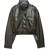 FindThy Women’s Cropped Faux Leather Jacket Vintage Stand Collar Long Sleeve Zip Up Fall Fashion Motorcycle Bomber Coats