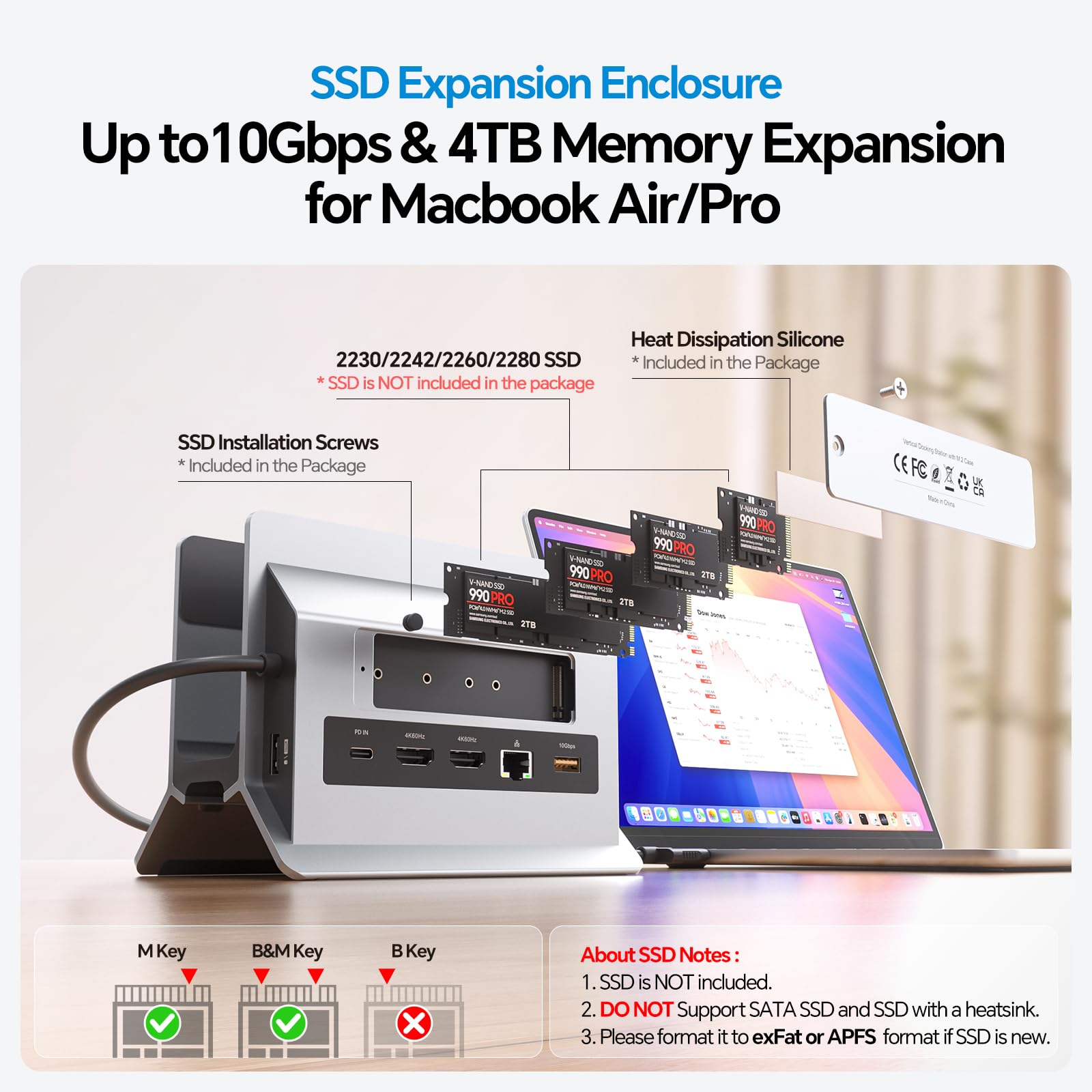 MacBook Dockingstation für Dual Monitore, Dual USB-C Laptop Docking Station mit 2 HDMI 4K@60Hz, USB A/C 10 Gbit/s, Ethernet, NVMe SSD Gehäuse, SD/TF Vertical Dock Ständer für MacBook Air/Pro M3 M4 M5 5